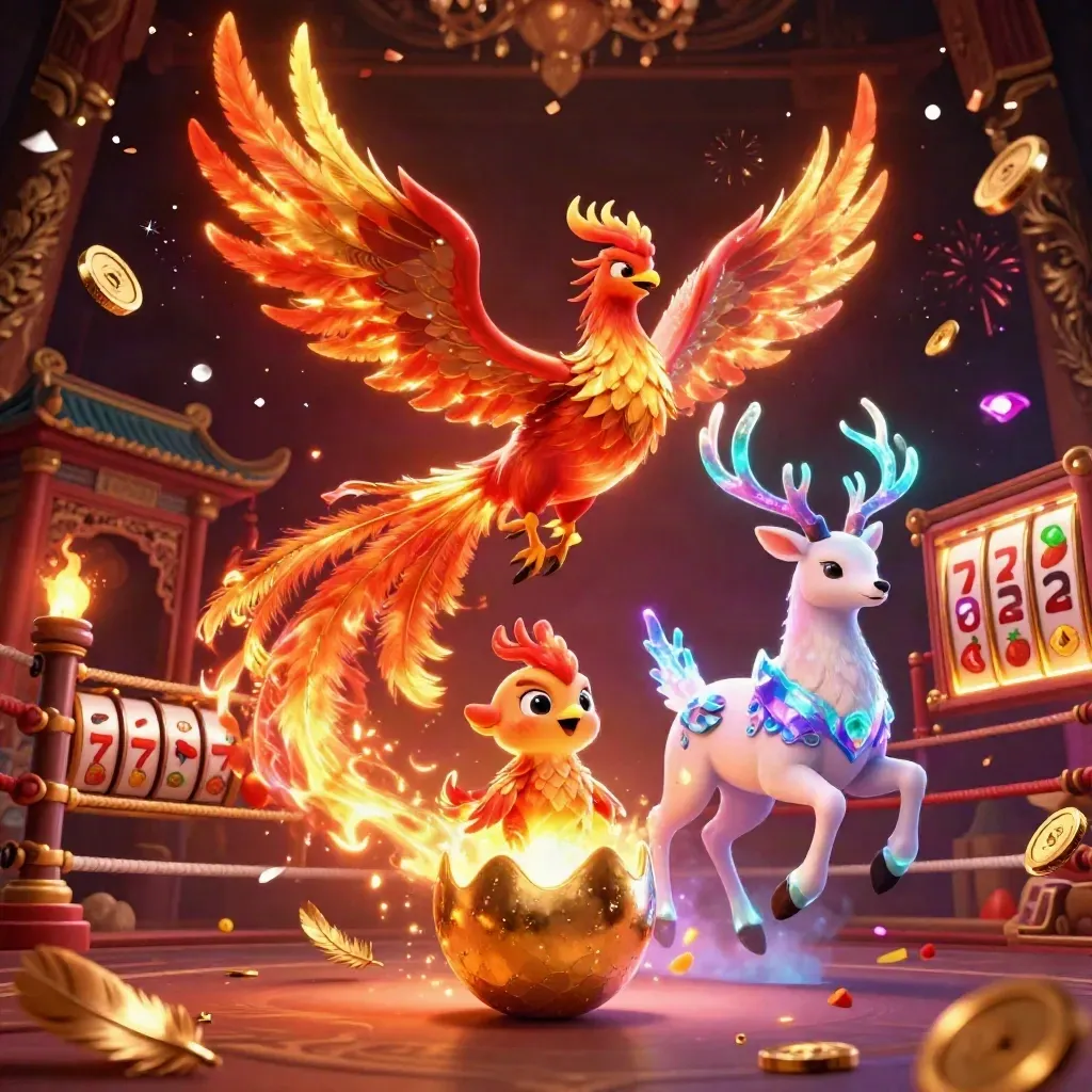 Phoenix, baby phoenix, and crystalline stag amid coins, fireworks, and casino glow