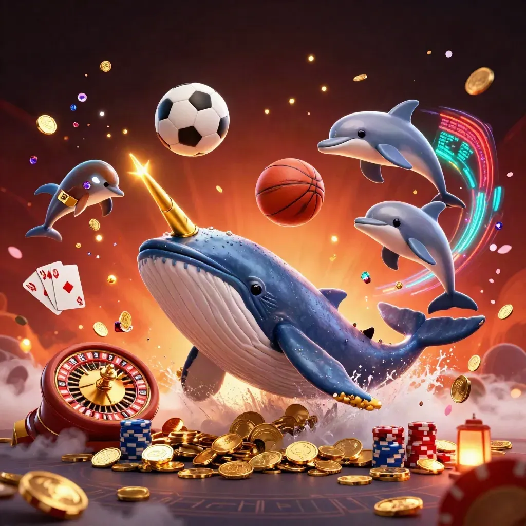 Whale captain, narwhal, and dolphins burst through casino coins with balls, chips, and roulette wheel.