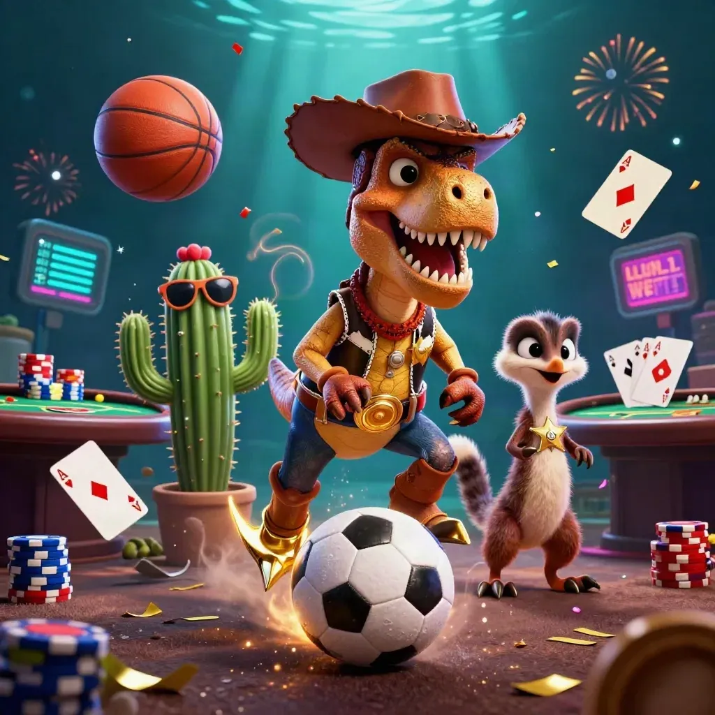 Cowboy T-Rex, cactus sidekick and roadrunner blast through casino sports action with cards and chips.