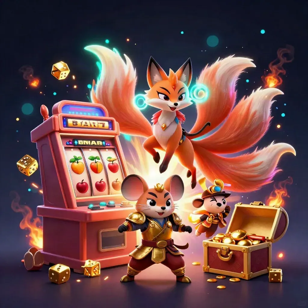 Nine-tailed fox spirit with golden samurai mouse, exploding slot machine, gold and teal glow