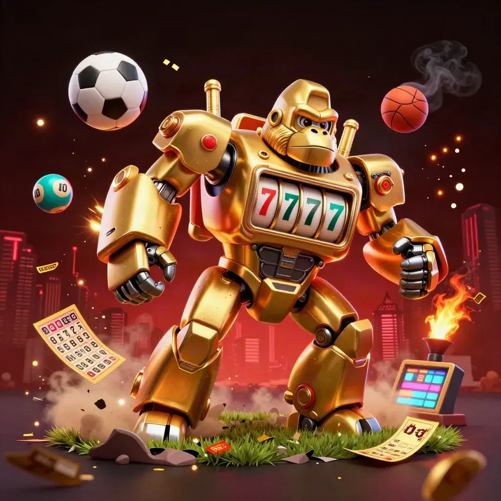 Golden gorilla slot-mech exploding with sports balls, lottery balls, and casino glow
