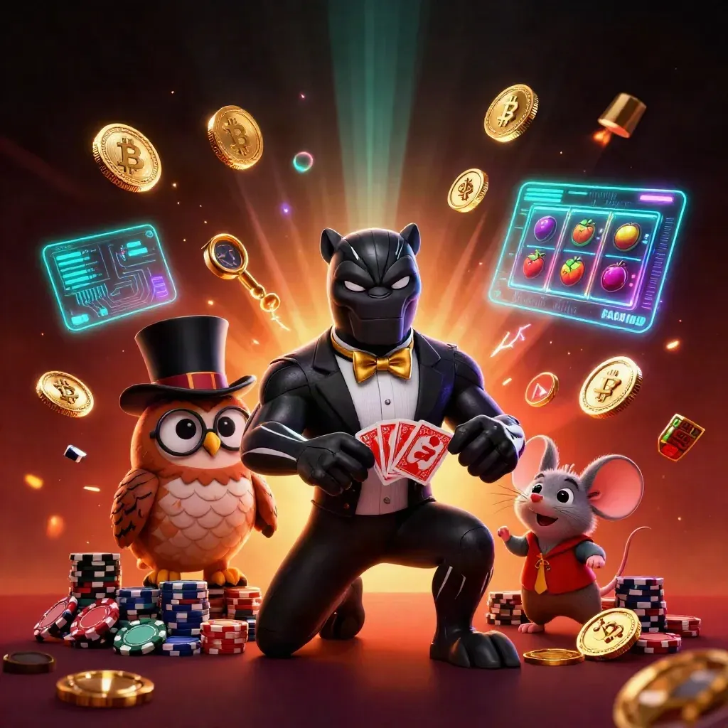 Black panther, owl, and mouse amid glowing slots, coins, and neon casino effects.