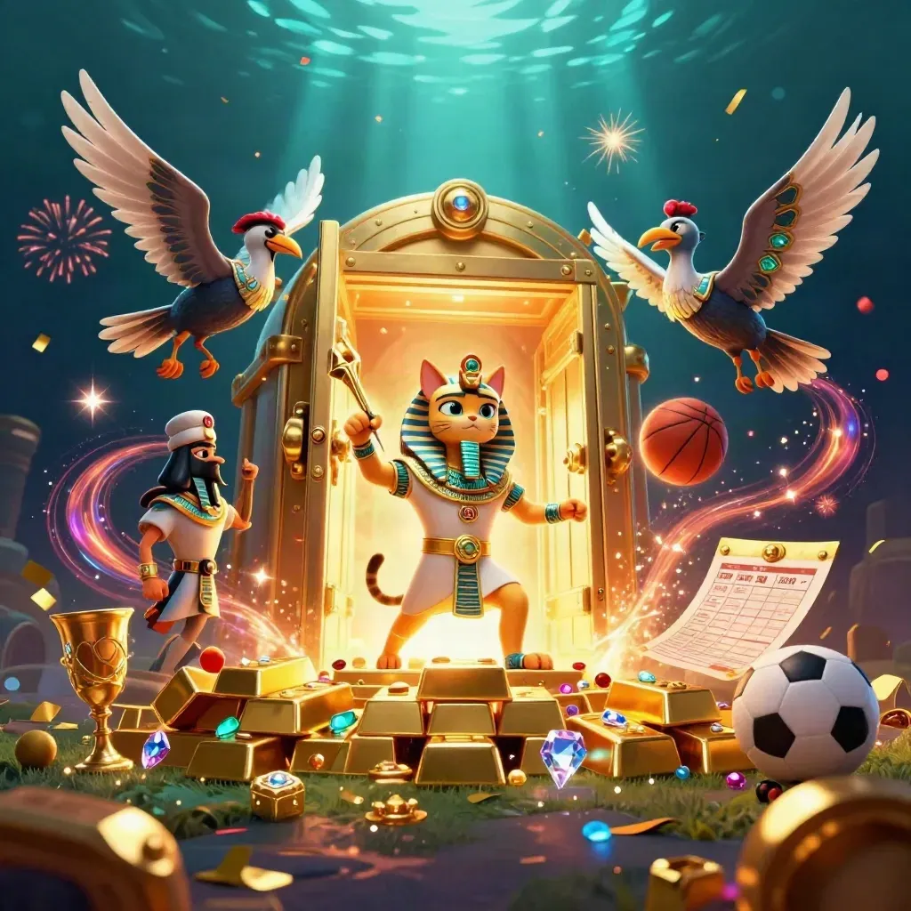 Pharaoh cat, ibis scribe and gem-winged scarabs amid gold vault bursts, balls and casino loot.