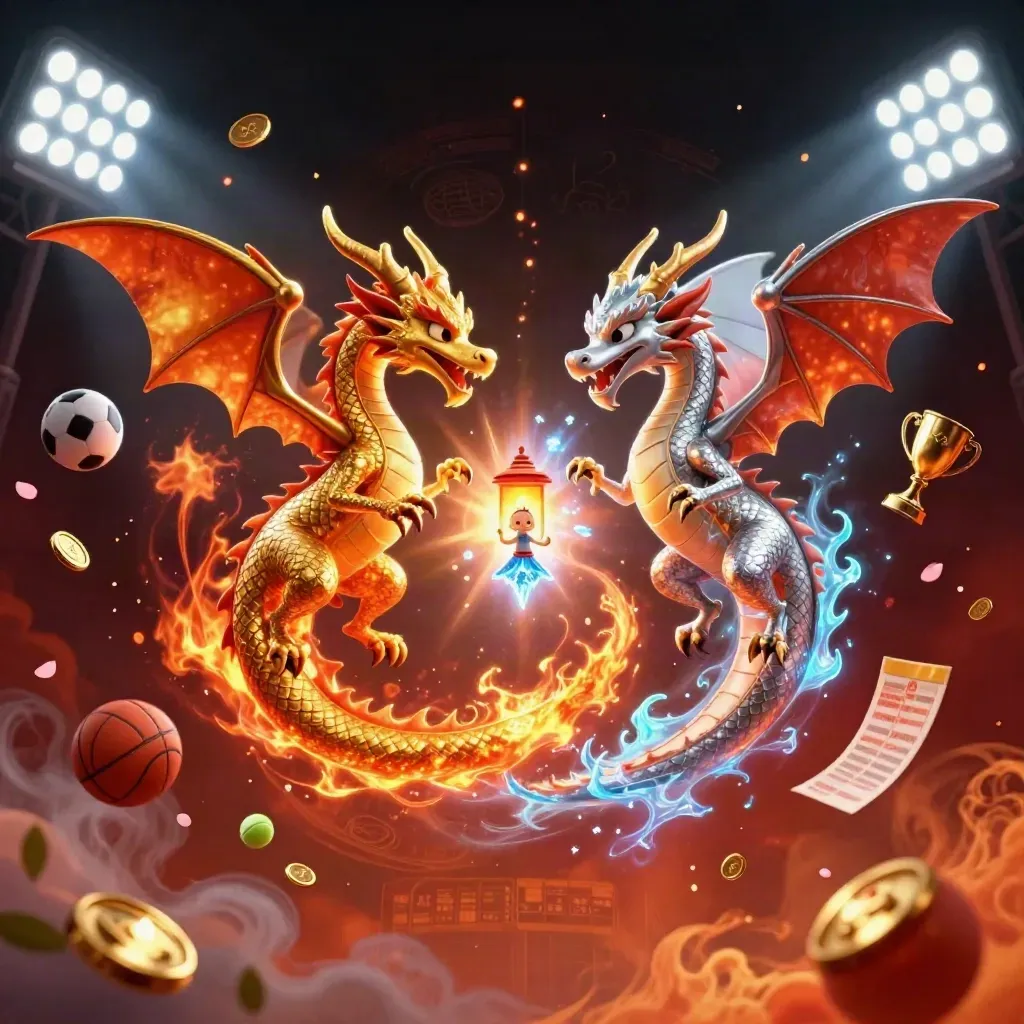 Gold and silver dragons spiral with fire and ice as sports balls and coins burst in casino light.