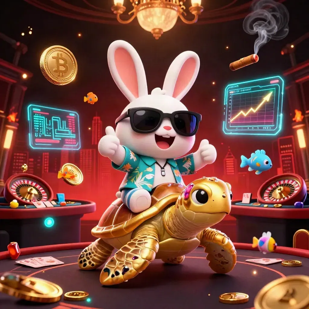 Lucky rabbit rides a gem turtle amid casino lights, crypto effects, and luxe dark-room drama.