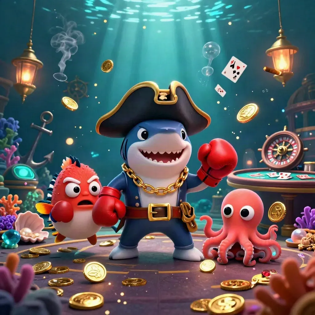 Shark pirate, boxing pufferfish, and coin-juggling octopus in a glowing underwater casino cove.
