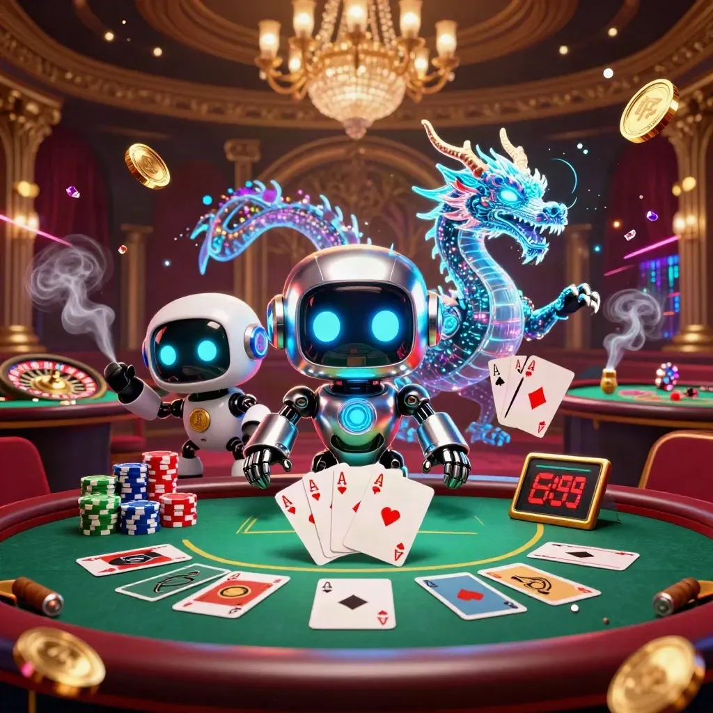 Cyberpunk robot, AI dragon and drone in a luxury casino scene with glowing lights