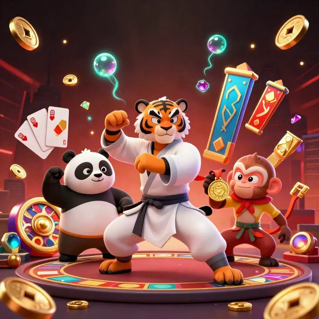 Kung-fu tiger, panda, and monkey amid casino riches, glowing lights, chips, cards, and coins