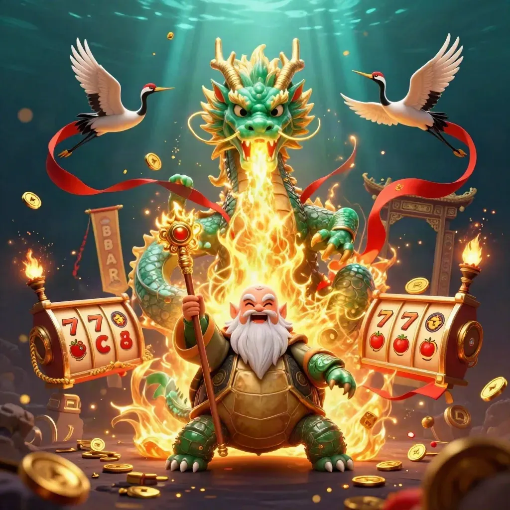Emerald dragon, turtle sage, and cranes burst through gold fire in a teal casino fantasy.