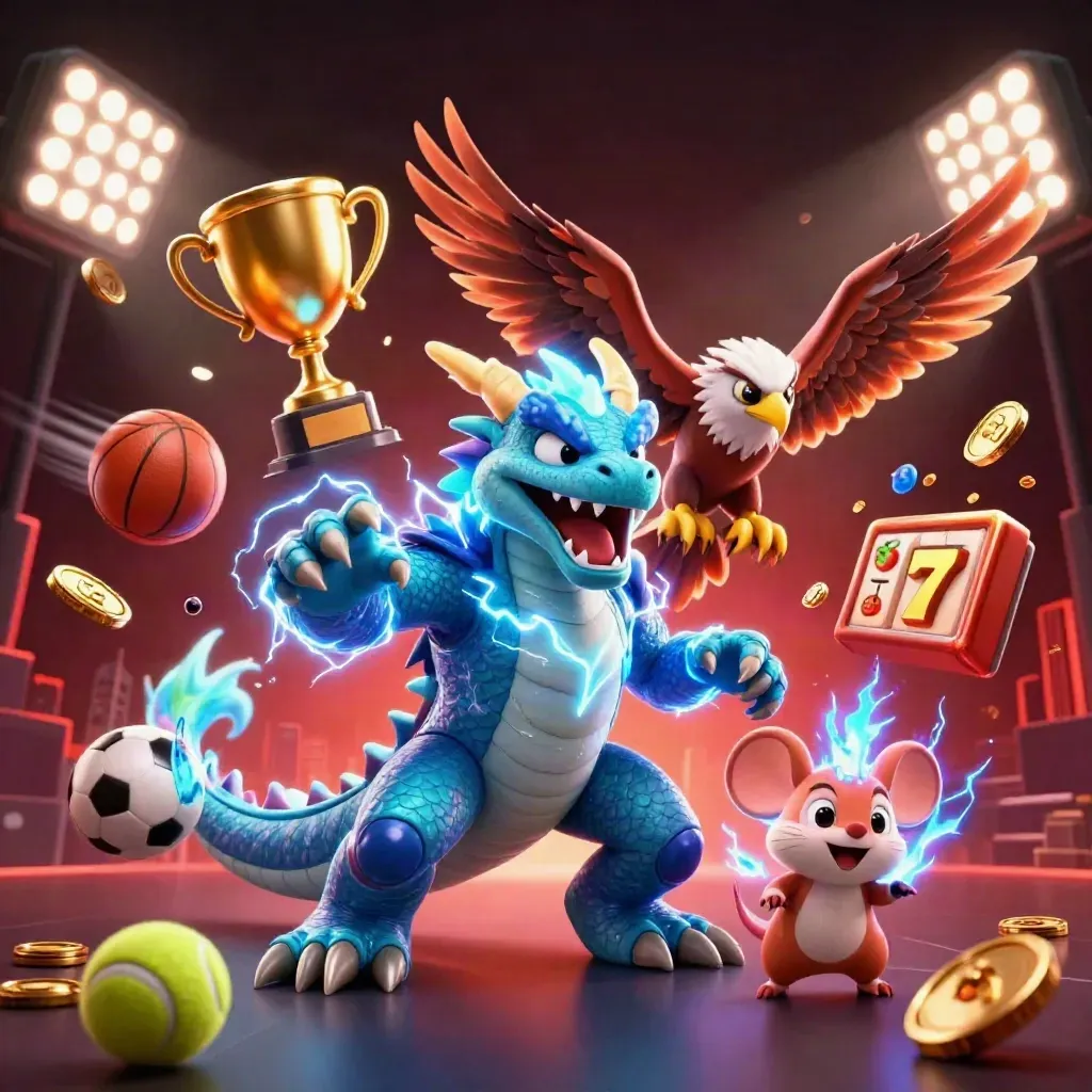Thunder dragon, wind hawk, and static mouse amid casino energy, sports balls, and gold bursts.