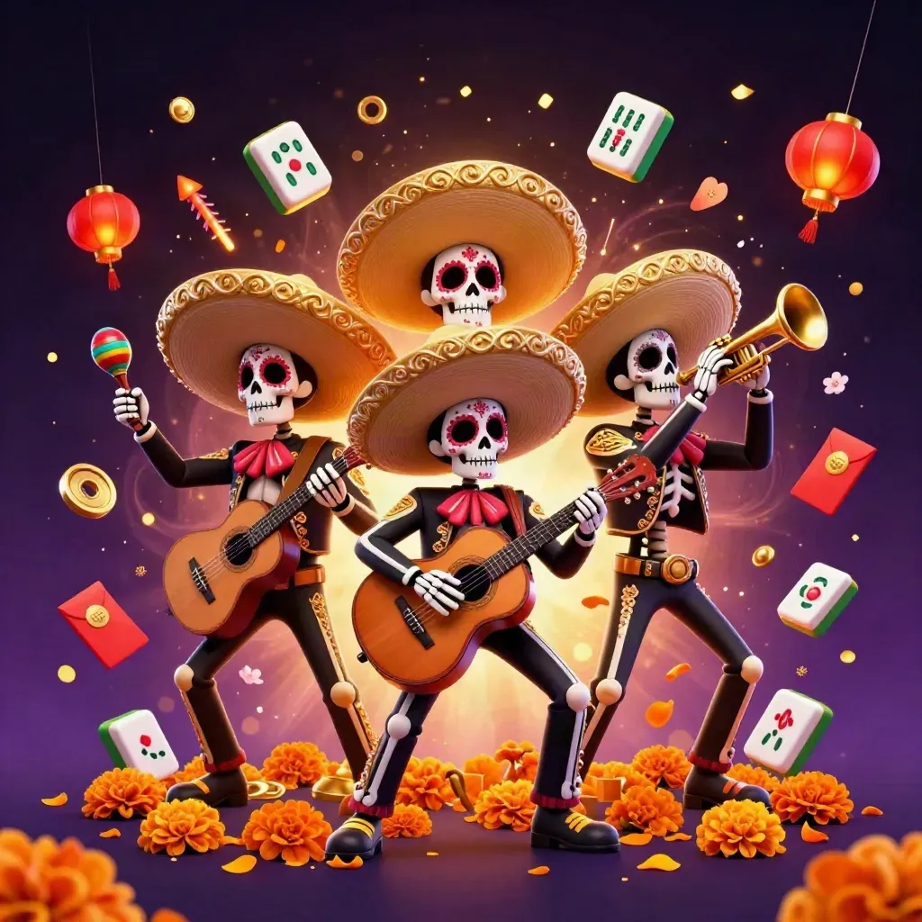 Skeleton mariachi trio with gold sombreros amid teal magic, lanterns, coins, and fireworks.
