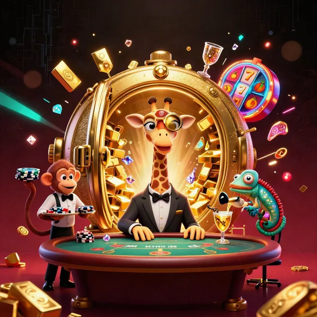 Cartoon giraffe, monkey, and chameleon at a vault-treasure poker scene bursting with gold and neon teal.