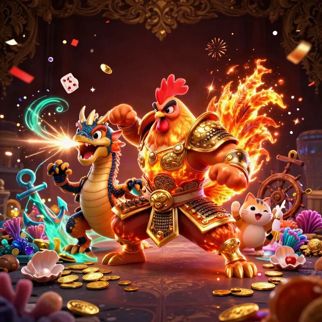 Rooster warrior, dragon hatchling, and fortune cat amid treasure, sparks, and casino luxe glow.