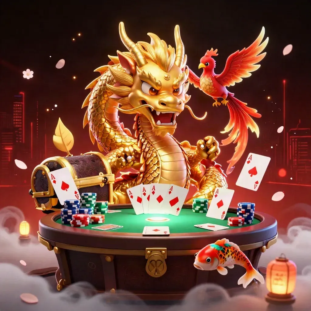 Golden dragon, phoenix and koi erupting around casino chips with teal glow