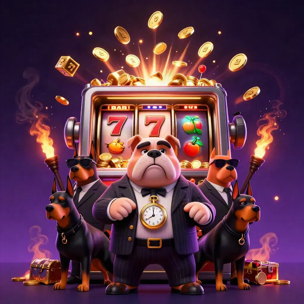 Bulldog boss and Dobermans amid exploding slot symbols, gold coins, and jackpot rays