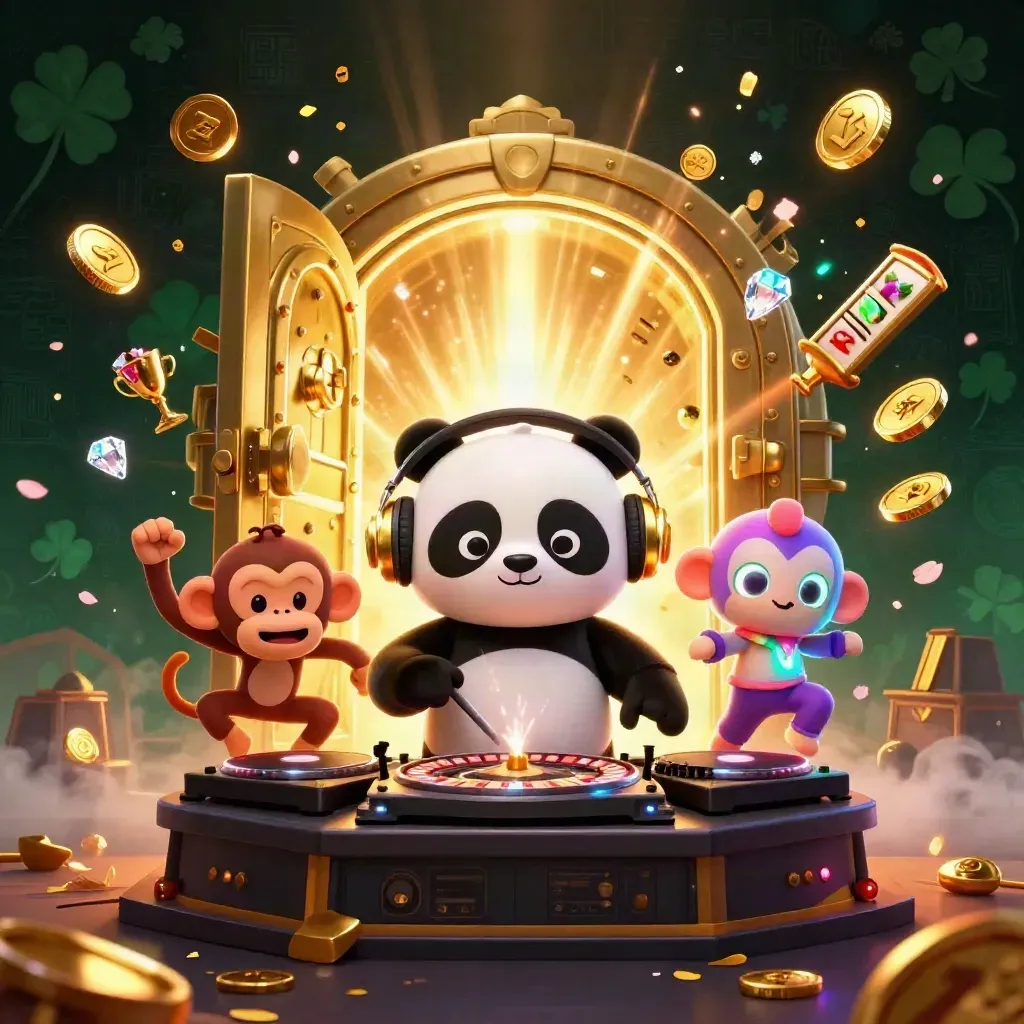 DJ panda, monkey, and glow-stick kitten amid vault treasure, coins, fireworks, and casino symbols