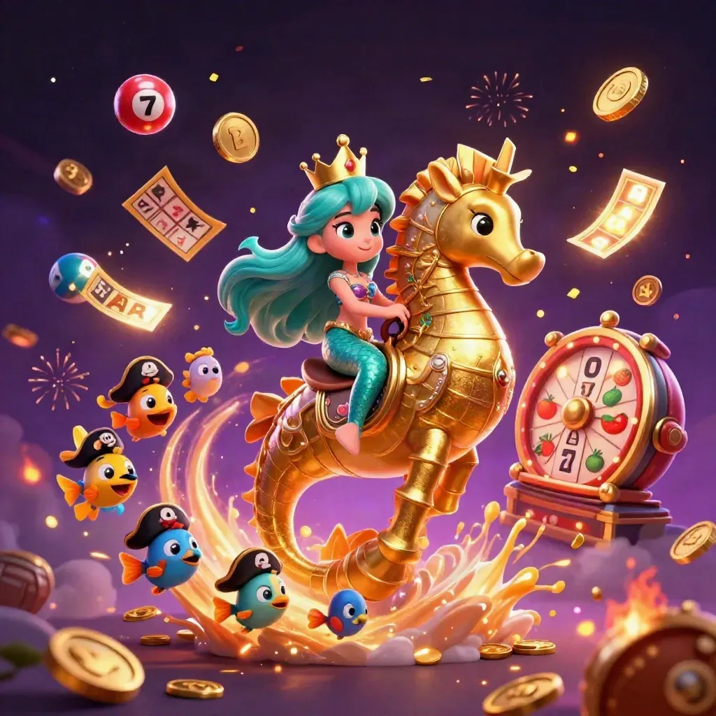 Mermaid princess rides an armored seahorse amid coins, reels, fireworks, and pirate fish.