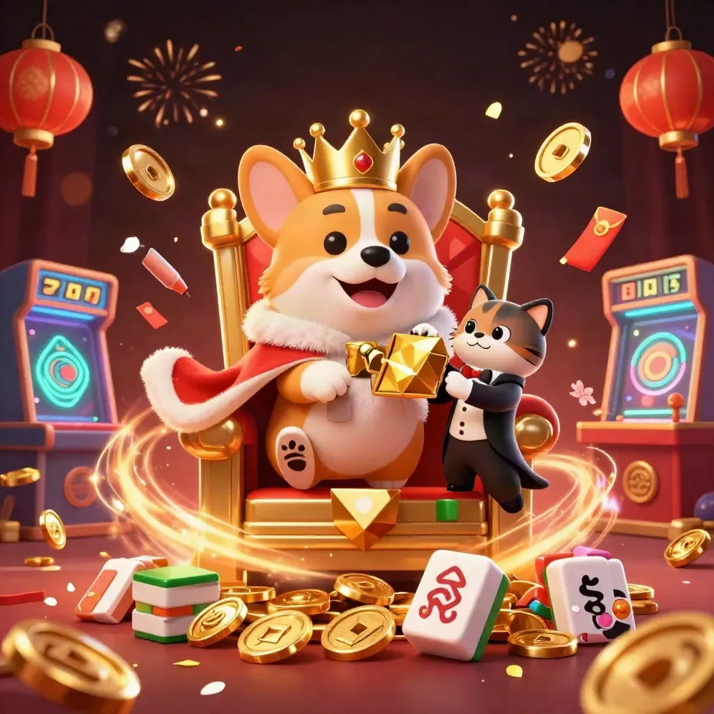 Royal corgi and cat butler amid coins, lanterns, fireworks, and casino treasures.