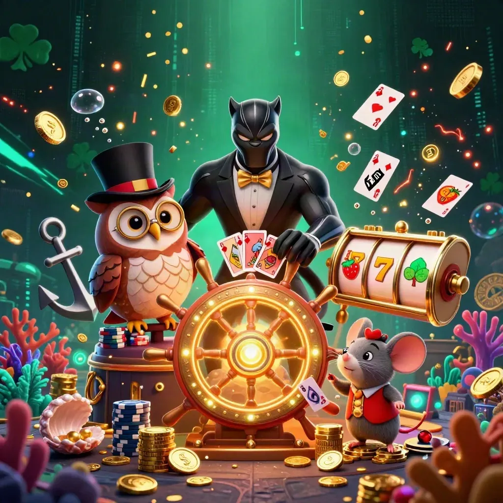 Panther, owl, and mouse around a glowing ship-wheel in a treasure cove, with coins, coral, and slot symbols.