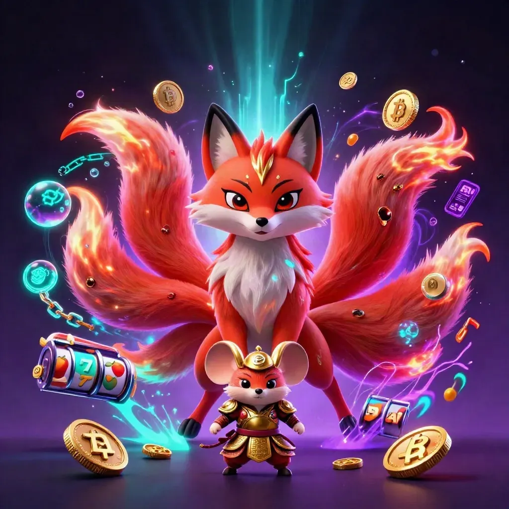 Neon fox spirit and gold samurai mouse surrounded by casino coins, reels, and glowing magic