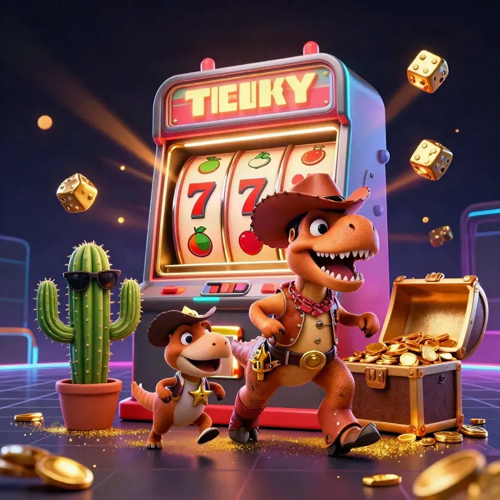 Cowboy T-Rex, cactus sidekick, and roadrunner burst around a jackpot slot machine.