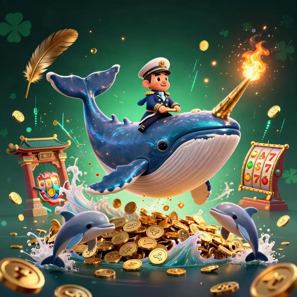 Whale captain, narwhal, and dolphins erupt from coins amid casino reels and neon energy.