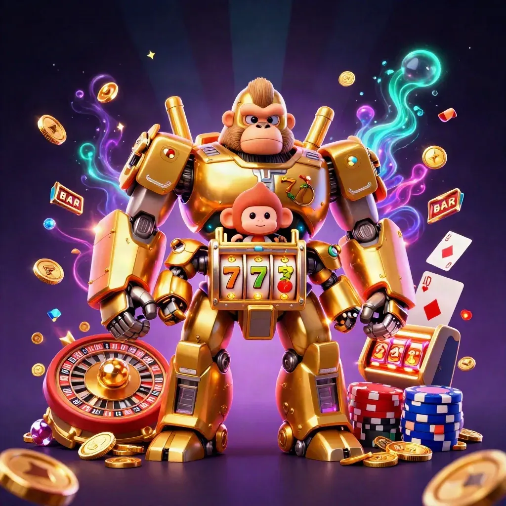 Golden gorilla slot mech with monkey pilot, coins, cards, chips, and roulette wheel in neon casino light.