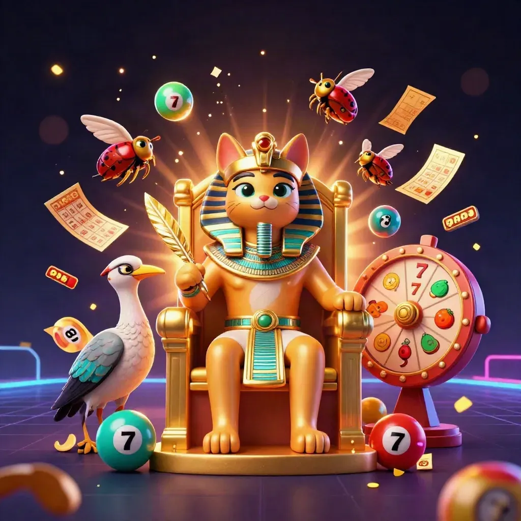 Pharaoh cat on a golden throne with ibis scribe, scarabs, and casino icons in neon light.