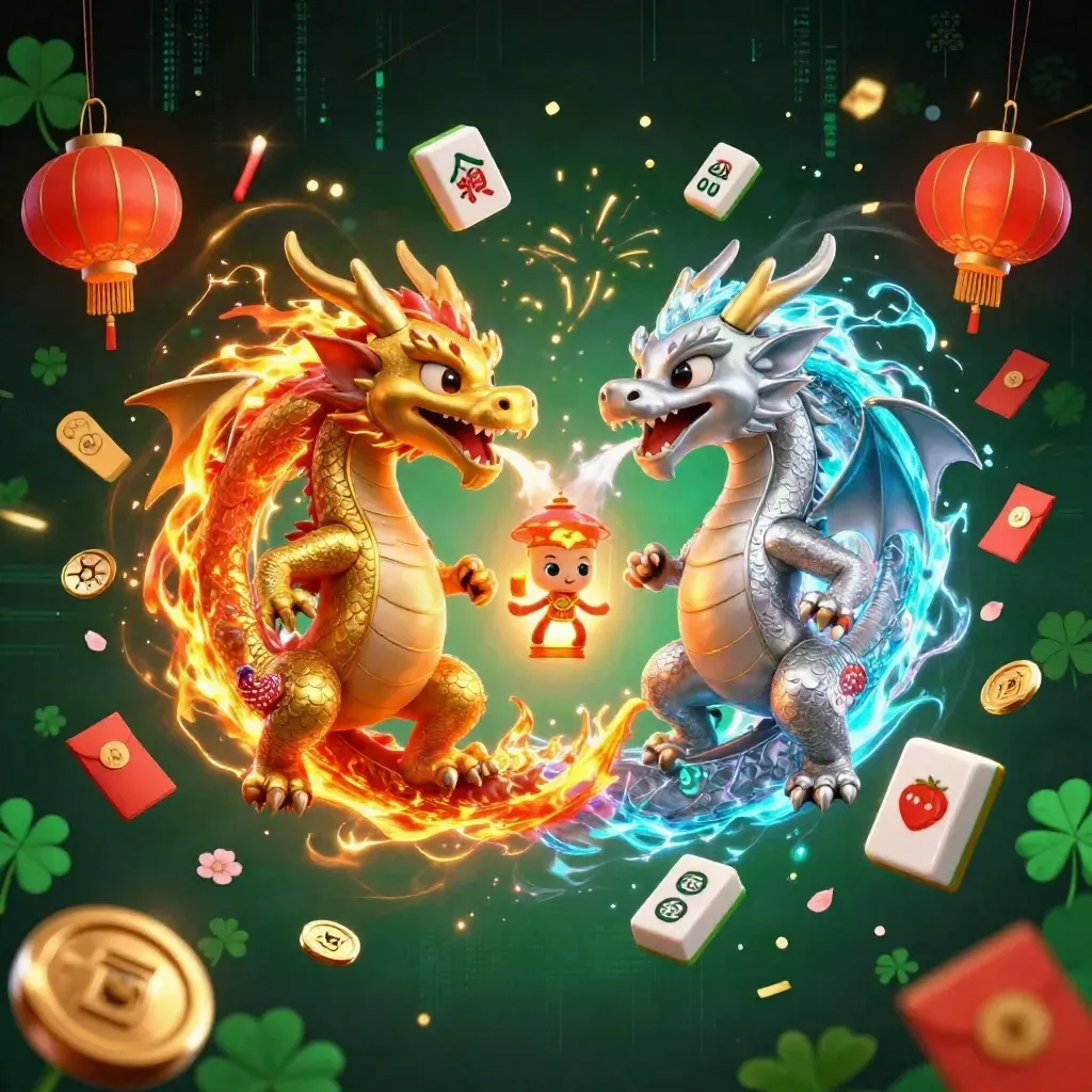 Twin gold and silver dragons in a neon casino burst with lanterns, coins, reels, and a tiny spirit.