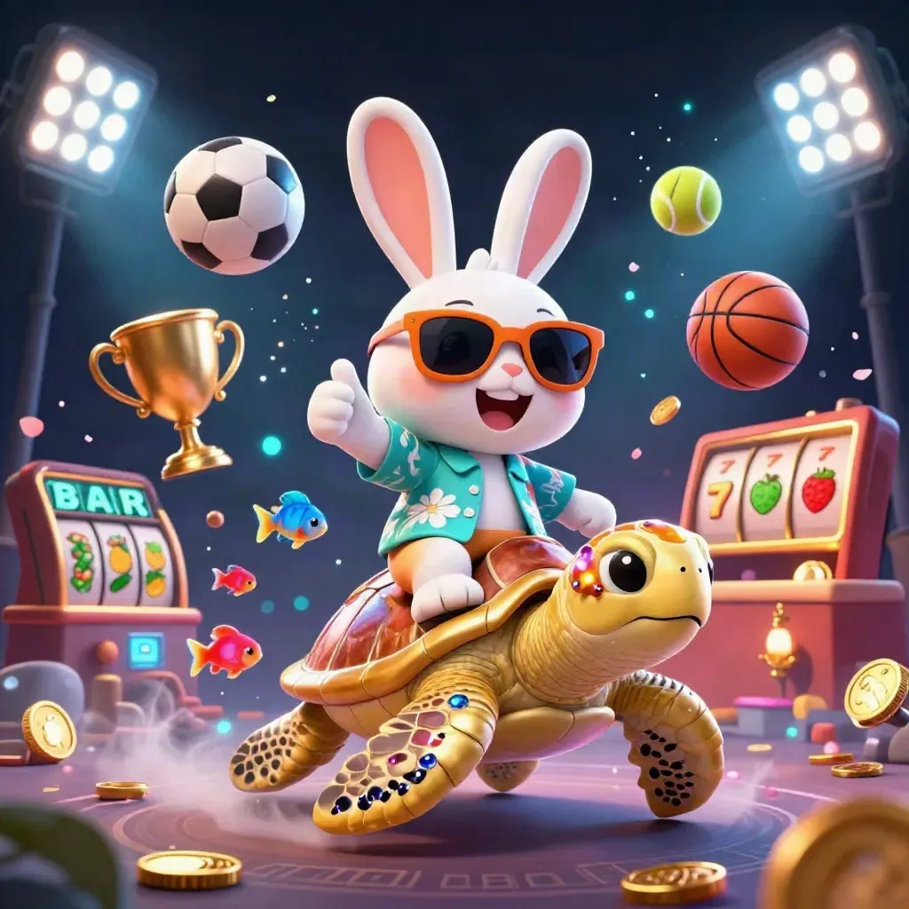 Lucky rabbit on a golden sea turtle amid coins, balls, reels, and neon casino magic.